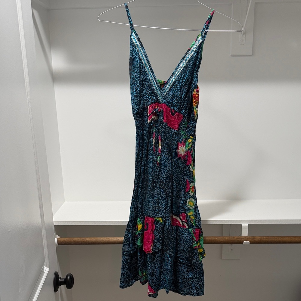 Teal Floral V-Neck Spaghetti Strap Midi Dress